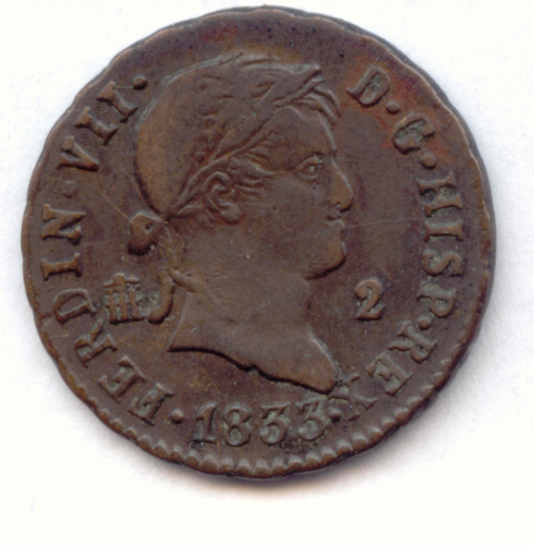 Ferdinand VI., 1808, 1813-1833: 2 Maravedis 1833