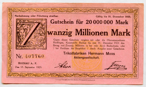 BUCHAU, Trikotfabriken H. Moos: 20 Mio. Mark 17.9.1923