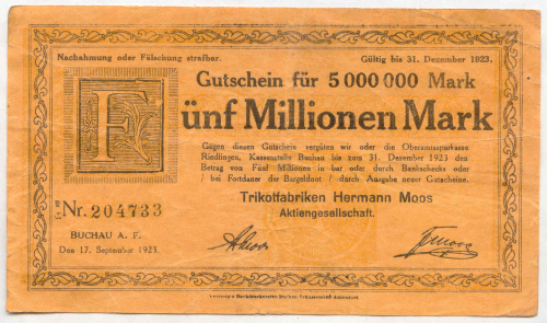 BUCHAU, Trikotfabriken H. Moos: 5 Mio. Mark 17.9.1923