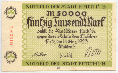 FÜRTH, Stadt: 50 Tsd. Mark 14.8.1923