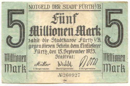 FÜRTH, Stadt: 5 Mio Mark 15.9.1923