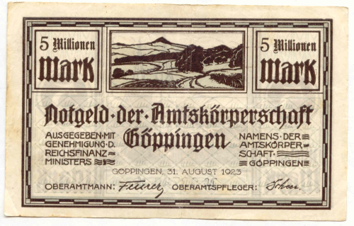 GÖPPINGEN, Amtskörperschaft: 5 Mio. Mark 31.8.1923