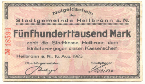 HEILBRONN, Stadtgemeinde: 500 Tsd. Mark 15.8.1923