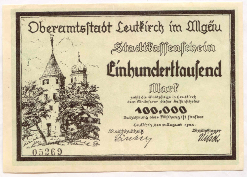 LEUTKIRCH, Oberamtsstadt: 100 Tsd. Mark 21.8.1923
