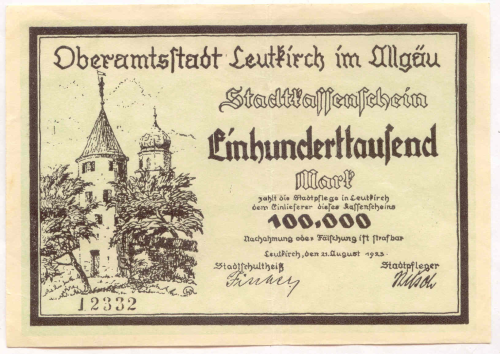 LEUTKIRCH, Oberamtsstadt: 100 Tsd. Mark 21.8.1923