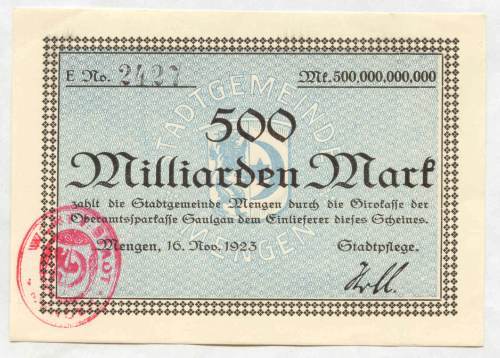MENGEN, Stadtgemeinde: 500 Mrd. Mark 16.11.1923