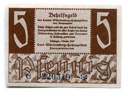 Ro. 214a: 5 Pf Oktober 1947 C Finanzministerium Württemberg-Hohenzollern