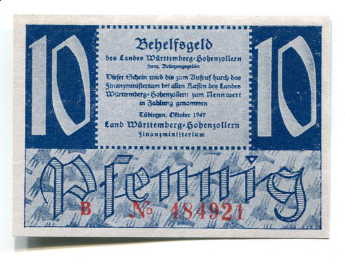 Ro. 215a: 10 Pf Oktober 1947 B Finanzministerium Württemberg-Hohenzollern