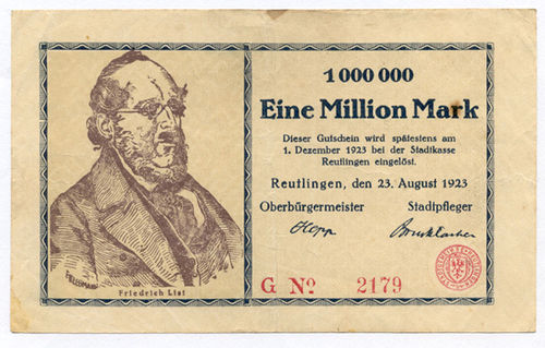 REUTLINGEN, Stadt: 1 Mio. Mark 23.8.1923
