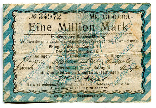 BALINGEN, Oberamtssparkasse m. Filialen Ebingen, Tailfingen 1 Mio. Mark 13.8.1923