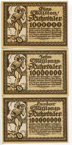 RUHRGEBIET: 1 Mio., 10 Mio., 100 Mio. Ruhrtaler  o. J. (1923), 3er Lot