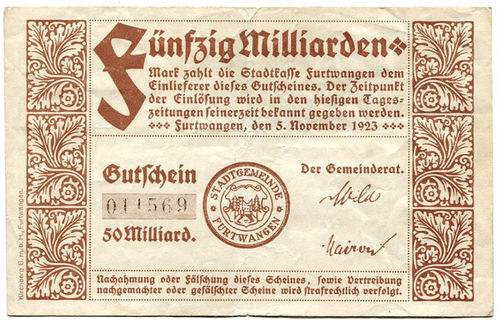 FURTWANGEN, Stadtgemeinde: 50 Mia. Mark  5.11.1923