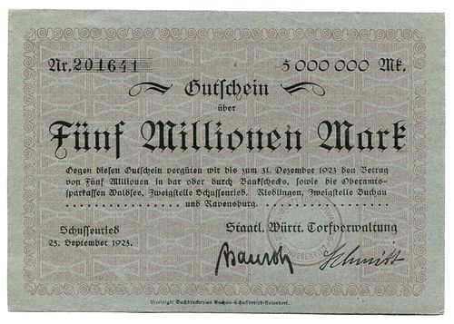 SCHUSSENRIED, Torfverwaltung: 5 Mio. Mark 25.9.1923