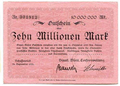 SCHUSSENRIED, Torfverwaltung: 10 Mio. Mark 25.9.1923