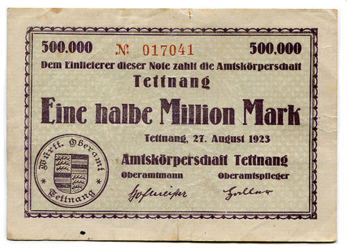 TETTNANG, Amtskörperschaft: ½ Mio. Mark 27.8.1923