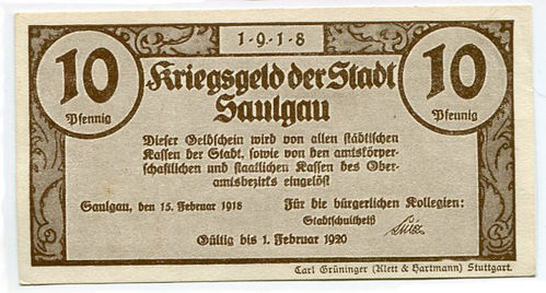 SAULGAU (Württemberg), Stadt: 10 Pf 15.2.1918