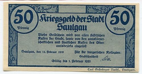 SAULGAU (Württemberg), Stadt: 50 Pf 15.2.1918