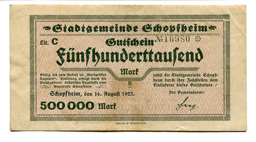 SCHOPFHEIM, Stadt (Baden): 500 Tsd. Mark 16.8.1923