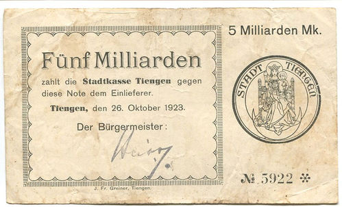 TIENGEN, Stadt (Baden): 5 Mia. Mark 26.10.1923