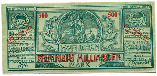 WAIBLINGEN, Stadt: 500 Mrd. Überdruck auf 20 Mrd. Mark 18.10.1923 grün