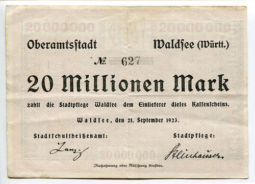 WALDSEE, Oberamtsstadt  20 Mio. Mark 21.9.1923