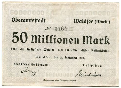 WALDSEE, Oberamtsstadt: 50 Mio. Mark 21.9.1923