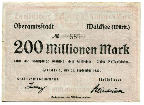 WALDSEE, Oberamtsstadt: 200 Mio. Mark 21.9.1923