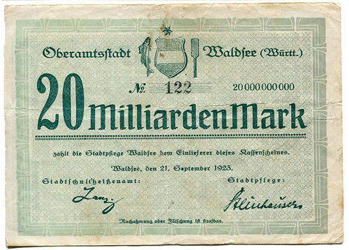 WALDSEE, Oberamtsstadt: 20 Mrd. Mark 21.9.1923