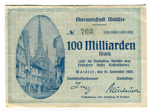 WALDSEE, Oberamtsstadt: 100 Mrd. Mark 21.9.1923