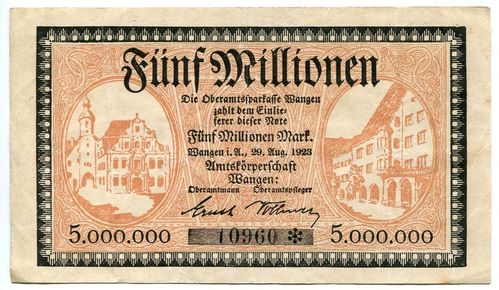 WANGEN, Oberamtssparkasse: 5 Mio. Mark 29.8.1923