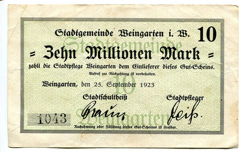 WEINGARTEN, Stadtgemeinde: 10 Mio. Mark 25.9.1923