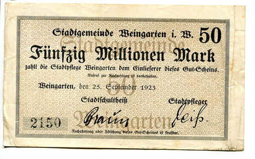 WEINGARTEN, Stadtgemeinde: 50 Mio. Mark 25.9.1923