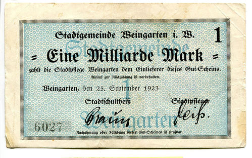 WEINGARTEN, Stadtgemeinde: 1 Mia. Mark 25.9.1923