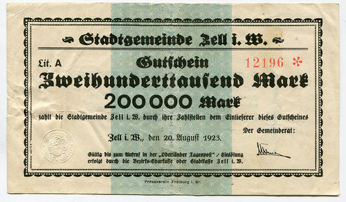 ZELL I. W.: Stadtgemeinde: 200 Tsd. Mark 20.8.1923
