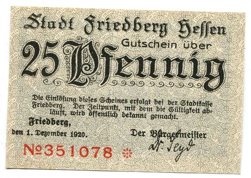 FRIEDBERG, Stadt: 25 Pfennig 1.12.1920