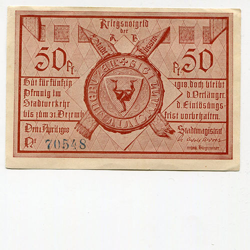 FÜSSEN - Stadt: 50 Pf 1.4.1918 braunrot