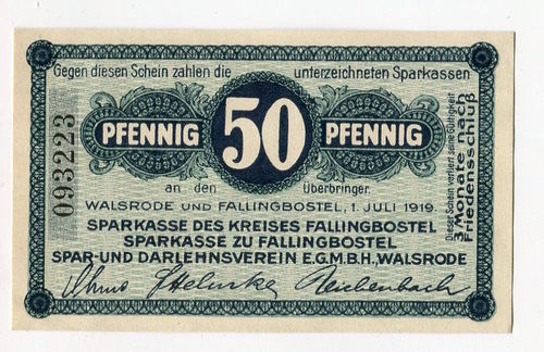FALLINGSBOSTEL & WALSRODE, Sparkassen: 50 Pf 1.7.1919