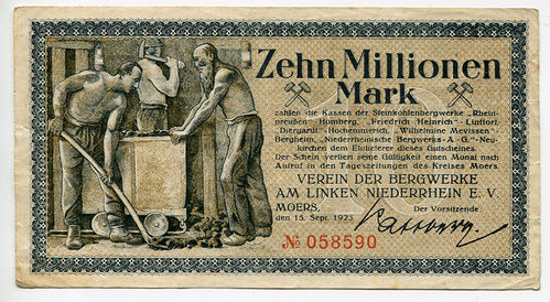 MOERS, Verein der Bergwerke am linken Niederrhein: 10 Mio. Mk. 15.9.1923