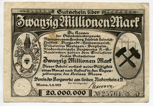 MOERS, Verein der Bergwerke am linken Niederrhein: 20 Mio. Mk. 15.9.1923