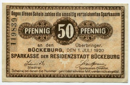 BÜCKEBURG: Sparkasse: 50 Pf 1.7.1920