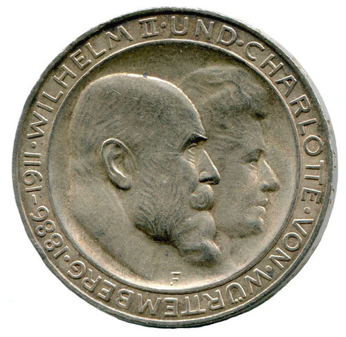Württemberg: 3 Mark 1911 F silberne Hochzeit. J. 177a