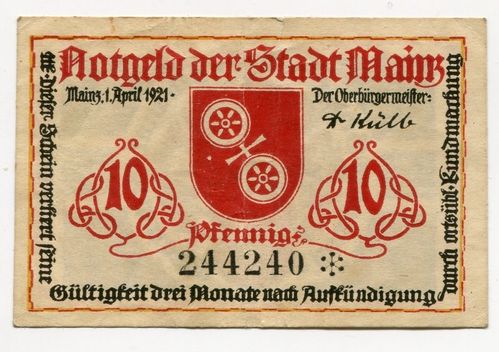 MAINZ, Stadt: 10 Pfennig 1.4.1921
