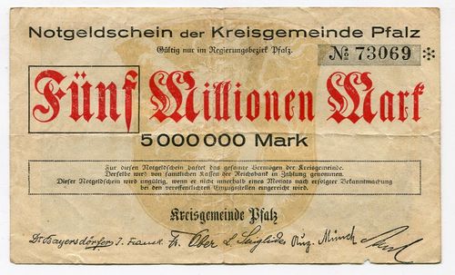 PFALZ, Kreisgemeinde: 5 Mio. Mark 11.8.1923
