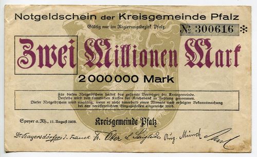 PFALZ, Kreisgemeinde: 2 Mio. Mark 11.8.1923