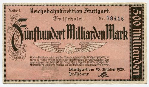 DEUTSCHE REICHSBAHN, Stuttgart: 500 Mia. Mark 30.10.1923