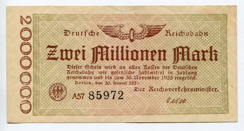 DEUTSCHE REICHSBAHN, Berlin: 2 Mio. Mark 20.8.1923