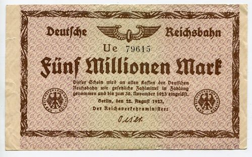 DEUTSCHE REICHSBAHN, Berlin: 5 Mio. Mark 22.8.1923