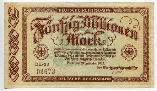 DEUTSCHE REICHSBAHN, Berlin: 50 Mio. Mark 18.9.1923