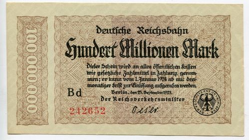 DEUTSCHE REICHSBAHN, Berlin: 100 Mio. Mark 25.9.1923