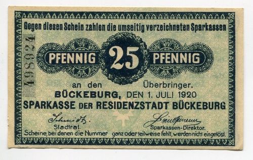 BÜCKEBURG, Sparkasse: 25 Pf 1.7.1920
